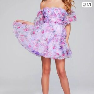 Jovani Lavender Floral Off-Shoulder Dress